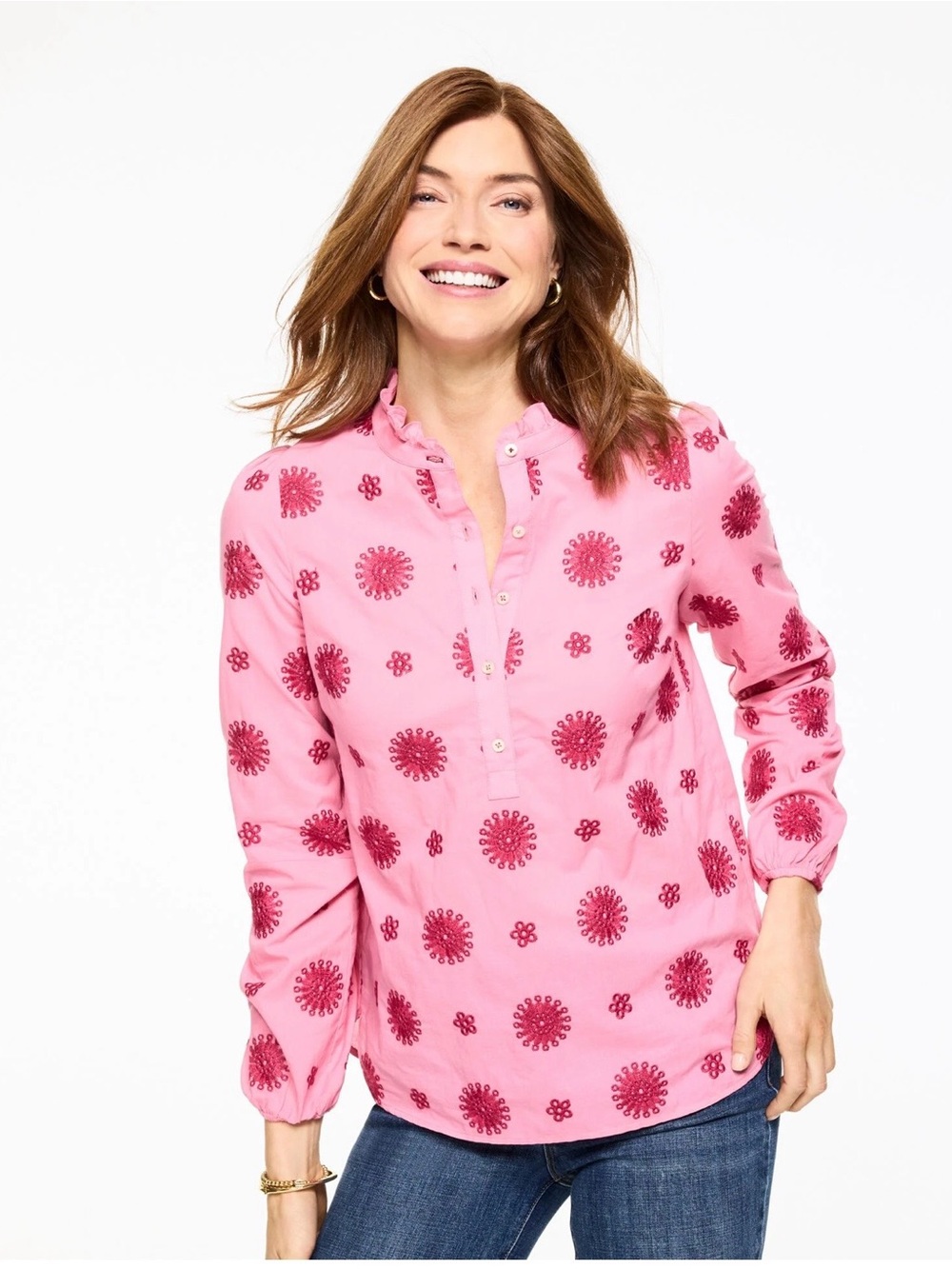 Talbots Women’s Pink Printed Long-Sleeve Popover Top 100% cotton